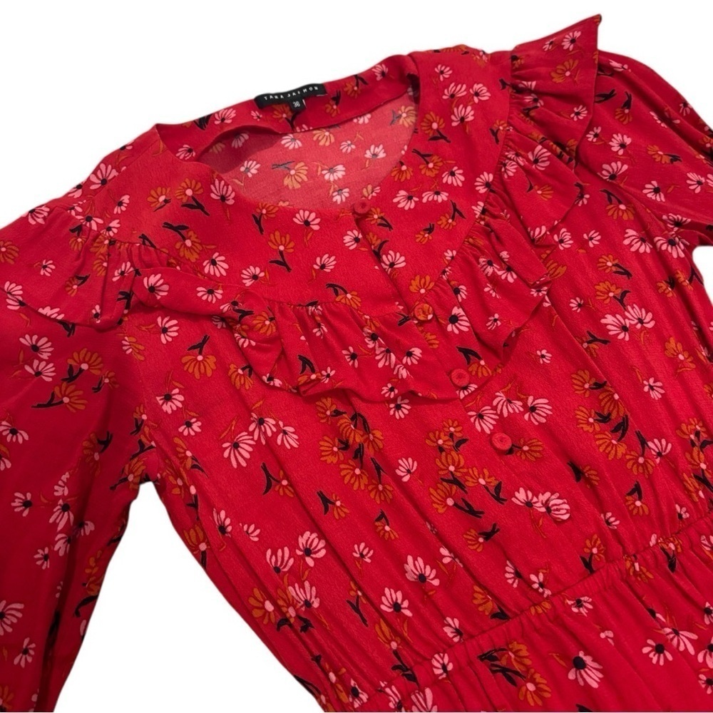 Tara Jarmon Red Midi Dress Women’s Long Sleeve Ruffled Button Front Floral 36 - Picture 8 of 10